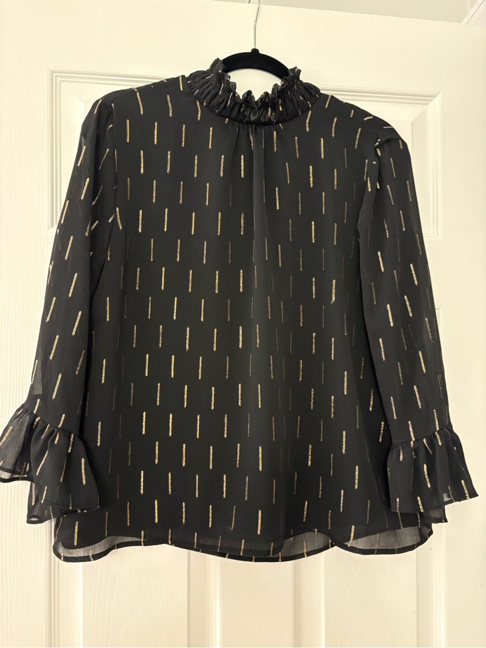 CeCe Black Blouse with Gold Metallic Stripe Accents